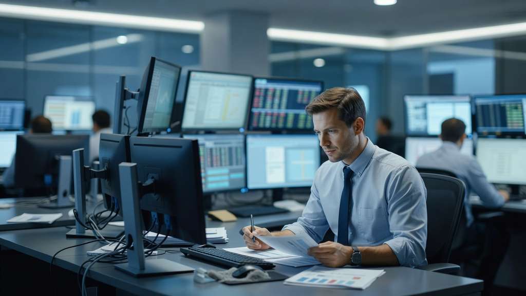 A financial markets trading desk with several out-of-focus monitors as an analyst reviews data in muted blue light