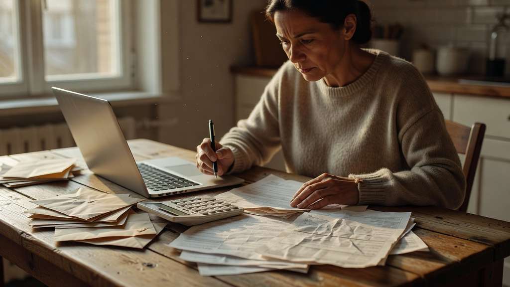 A person at a kitchen table reviewing household bills and a credit card statement with a calculator and laptop in warm window light