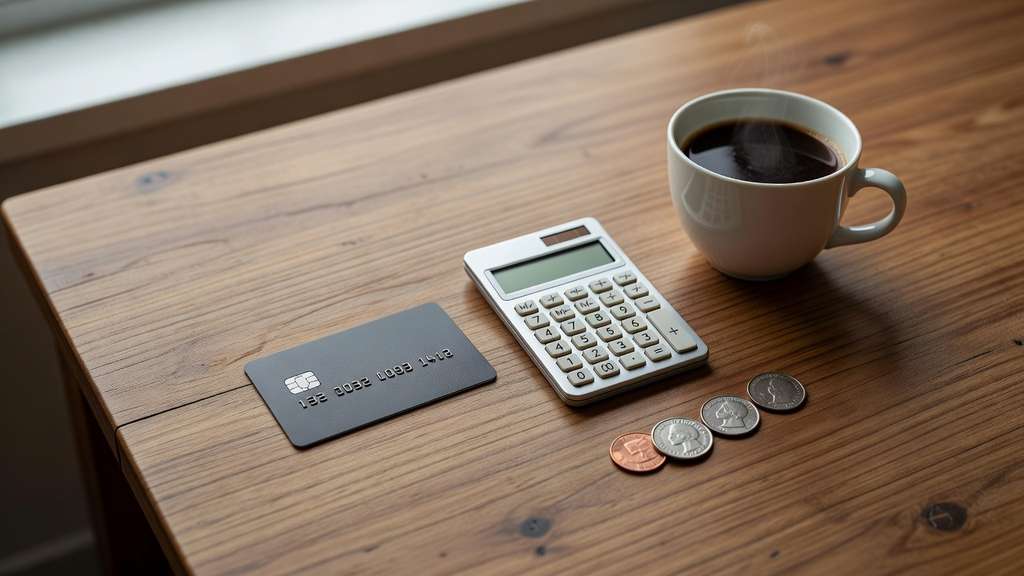 Overhead flat-lay of a credit card, calculator, coins, and a coffee cup on a wooden desk