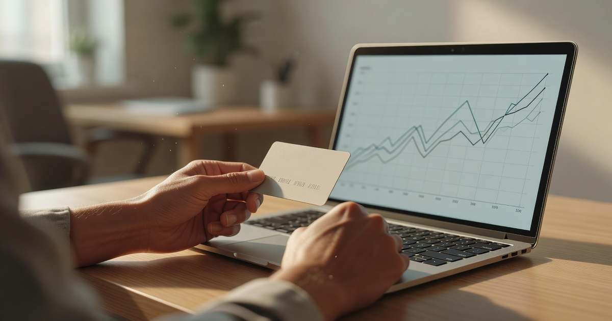 Close-up of a person's hands holding a credit card beside a laptop showing a financial line chart in a home office