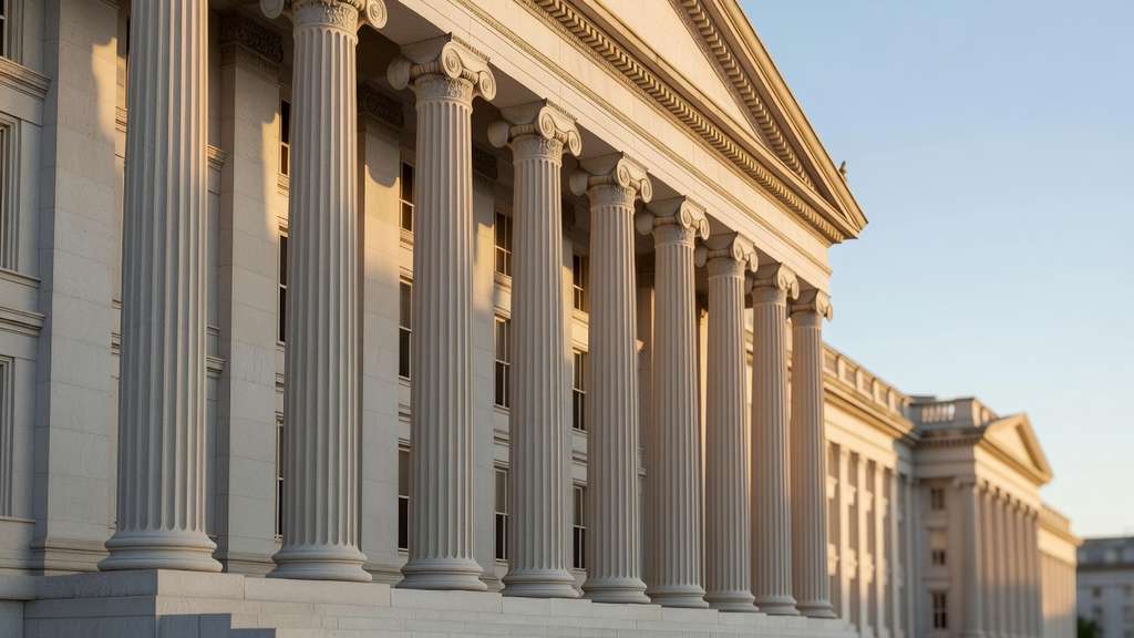 The neoclassical stone facade and tall columns of the United States Treasury building lit by soft golden morning light against a clear sky