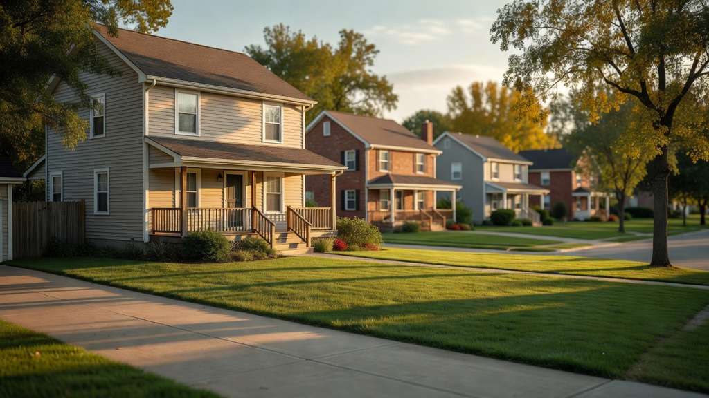 A suburban American single-family house with a manicured green lawn and driveway under warm late-afternoon light in a quiet residential neighborhood