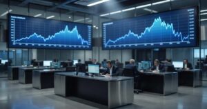 A modern institutional bond trading floor with large wall-mounted screens displaying rising and falling line graphs as traders work at desks in the background under cool blue lighting