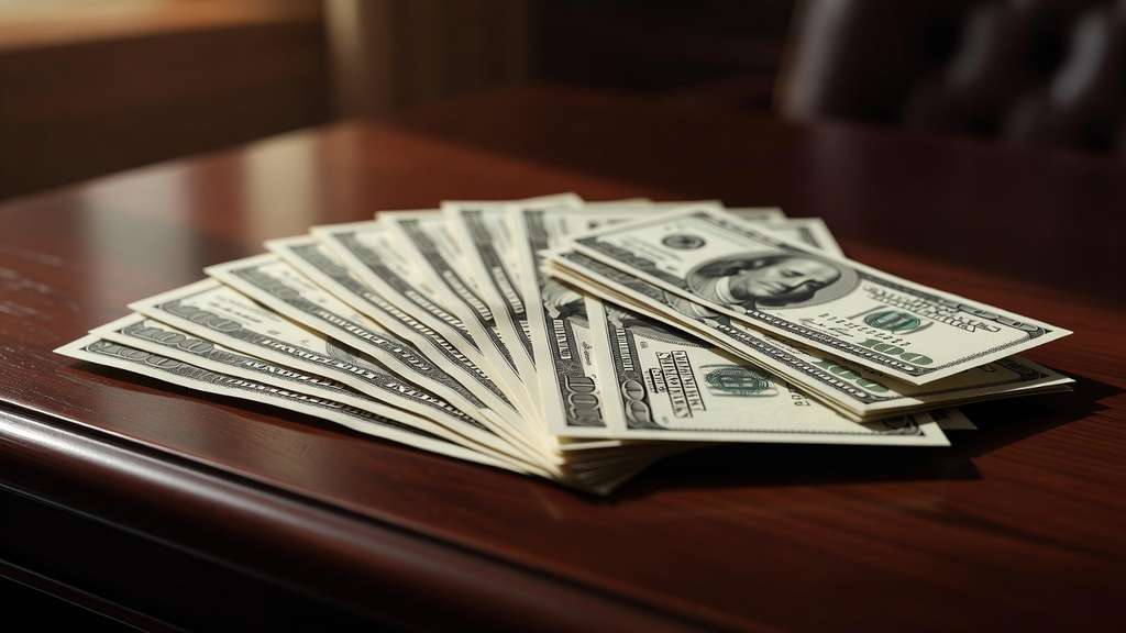 United States Treasury bond documents and freshly printed hundred dollar bills fanned across a dark wooden desk in warm directional light
