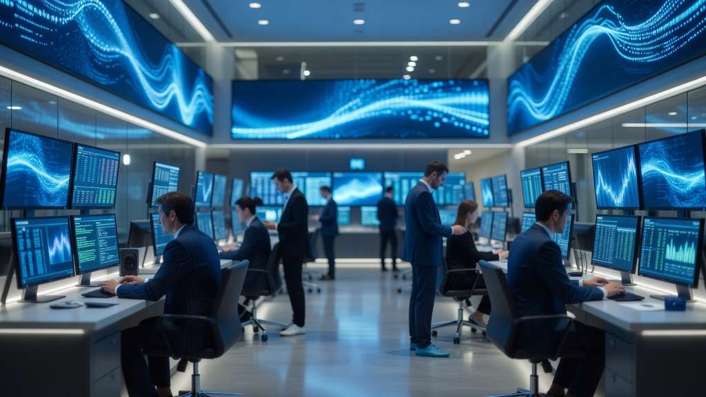 A modern financial trading floor with softly blurred professionals working at rows of glowing screens in cool blue light