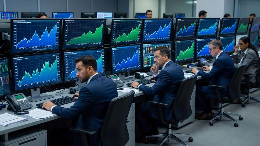 Institutional bond traders at a fixed-income trading desk watching long-term Treasury yield charts climb on multiple monitors lit by blue and green screen glow