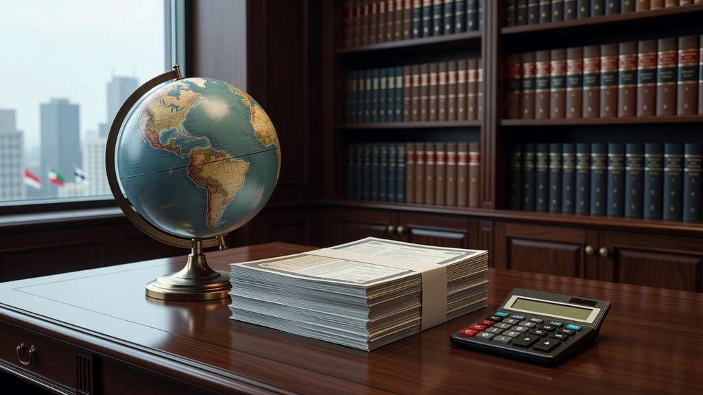 A world globe on a polished desk in an institutional investment office beside a stack of bond certificate documents and a calculator in soft daylight suggesting international demand for American government debt