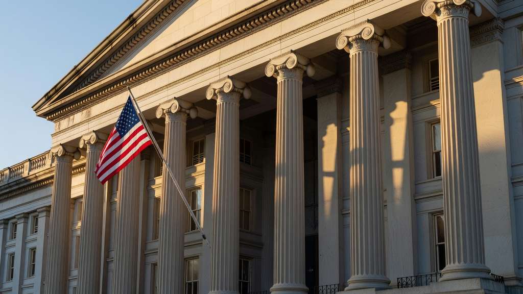 The neoclassical facade of the United States Treasury building in Washington under strong afternoon sunlight with an American flag