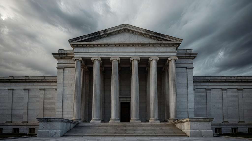 A neoclassical United States government building with tall stone columns under a dramatic overcast sky in muted grey tones