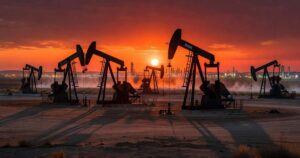Oil pump jacks silhouetted against a dramatic orange sunset over a wide Texas oil field with distant refinery lights