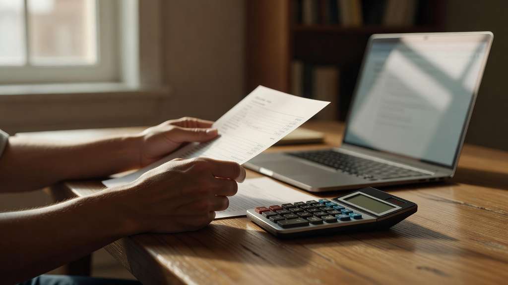 Person at a wooden home-office desk reviewing a credit card statement beside a calculator and an open laptop in warm natural window light