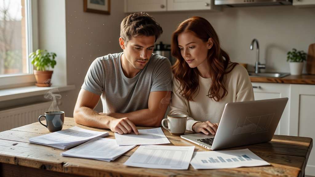 Young couple at a kitchen table reviewing mortgage paperwork with a laptop and two coffee mugs in soft morning daylight