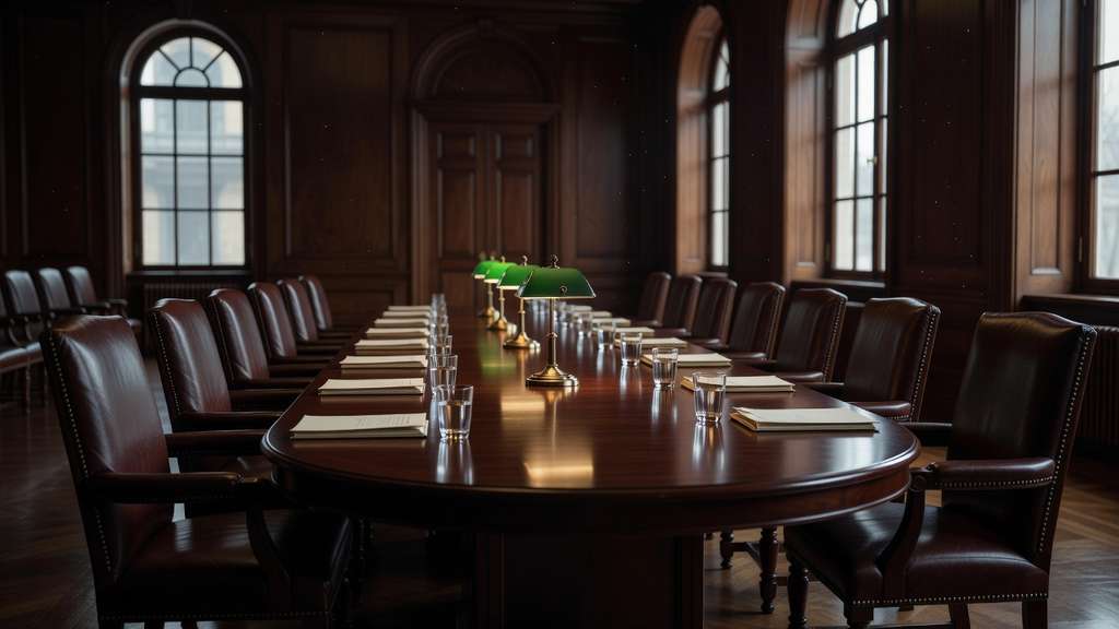 An empty formal government committee conference room with a long polished dark mahogany oval table ringed by high backed leather chairs, brass desk lamps, and folders set at each place before tall windows with soft daylight