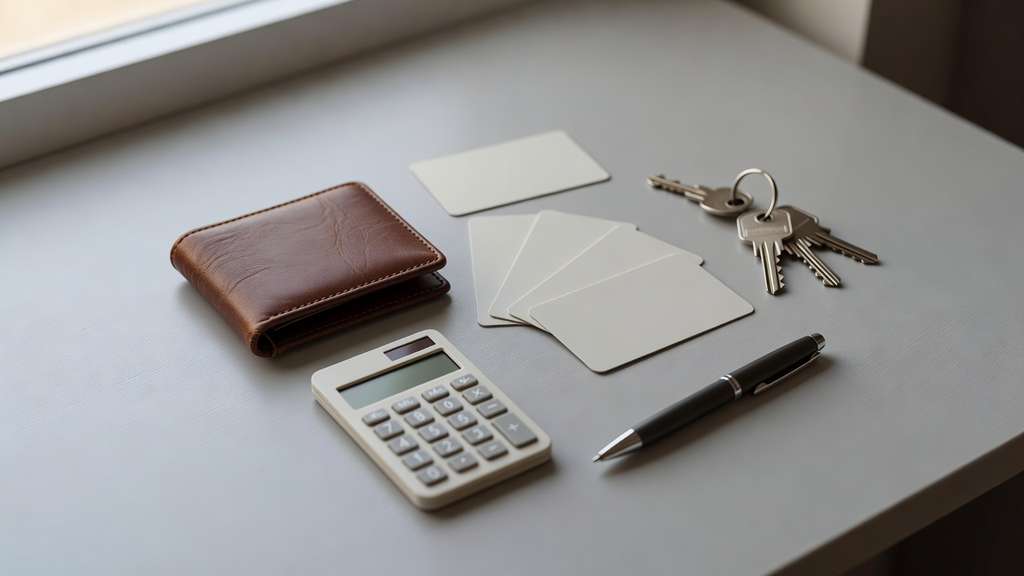 An overhead flat lay on a gray desk of a brown leather wallet, several blank plastic cards, house keys, a small calculator, and a pen in soft natural light representing household borrowing costs