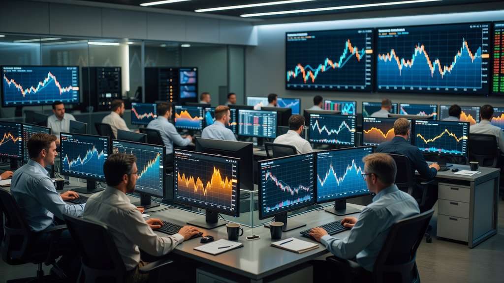 A modern financial trading floor at dusk with analysts seated before rows of large monitors displaying glowing candlestick and line charts under cool blue and amber light
