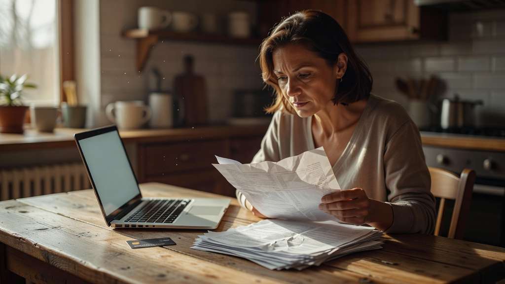 A person seated at a kitchen table reviewing paper financial statements beside an open laptop and a credit card in warm natural window light