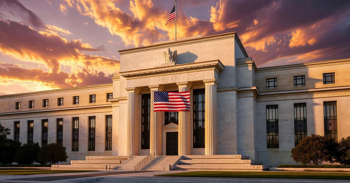 The neoclassical stone facade of the United States Federal Reserve Marriner Eccles building in Washington photographed at golden hour with tall columns, a large American flag, and a dramatic sky overhead