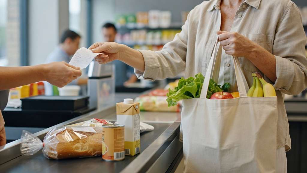 A shopper at a bright supermarket checkout counter holding groceries and a paper receipt with bagged produce and packaged goods on the belt in soft natural light