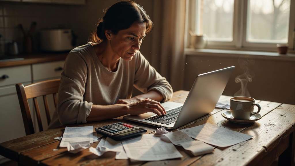An adult seated at a kitchen table in morning light reviewing household finances with a laptop, a calculator, printed paperwork, and a cup of coffee