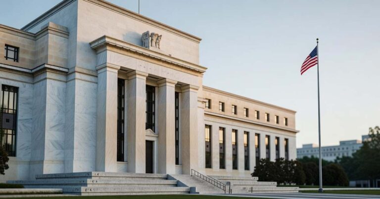 Wide morning view of a neoclassical United States Federal Reserve headquarters building with a white marble facade, tall columns, and an American flag on a pole to the right under a clear pale sky