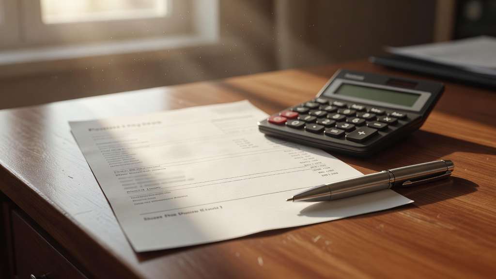 A printed payroll pay stub beside a calculator and pen on a wooden desk in warm window light