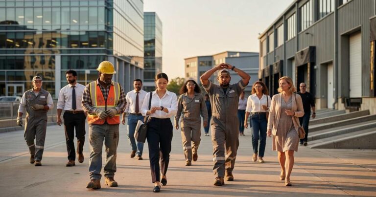 American workers leaving a modern office and warehouse district at golden hour during a shift change, illustrating a busy U.S. labor market