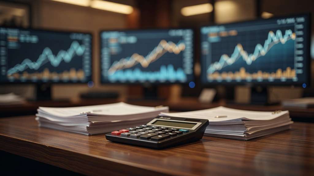A modern financial trading desk with softly blurred monitors showing abstract glowing line graphs in the background and a calculator resting on neat stacks of paper documents in the foreground