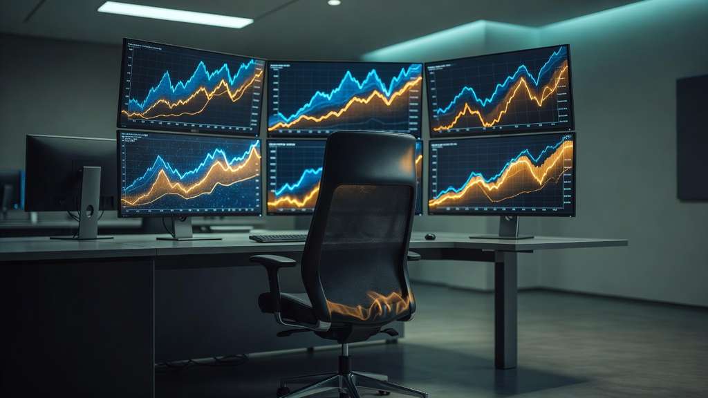 Over-the-shoulder view of an empty institutional government bond trading desk in a dim room, six curved monitors glowing with abstract blue and amber line graphs and rising curve shapes, an empty ergonomic chair pushed back, cool teal ambient light mixing with warm screen reflections.