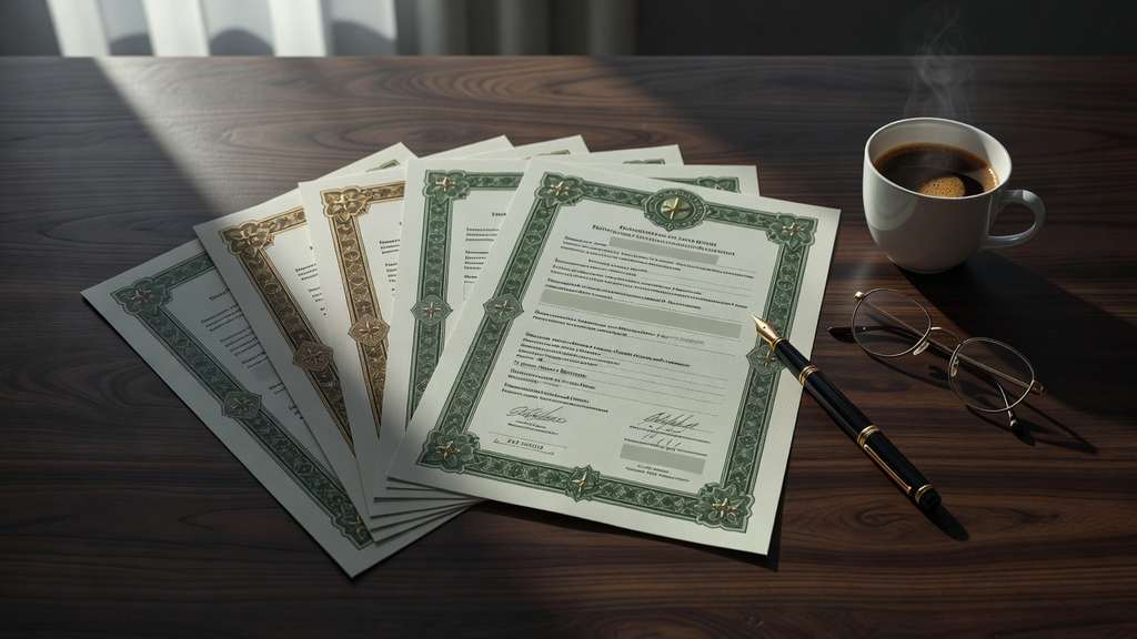 Overhead flat-lay of engraved government security certificates and official financial documents fanned across a dark walnut desk beside a heavy fountain pen, brass reading glasses and a white porcelain coffee cup, lit by soft directional morning window light in muted green, gold and charcoal tones.