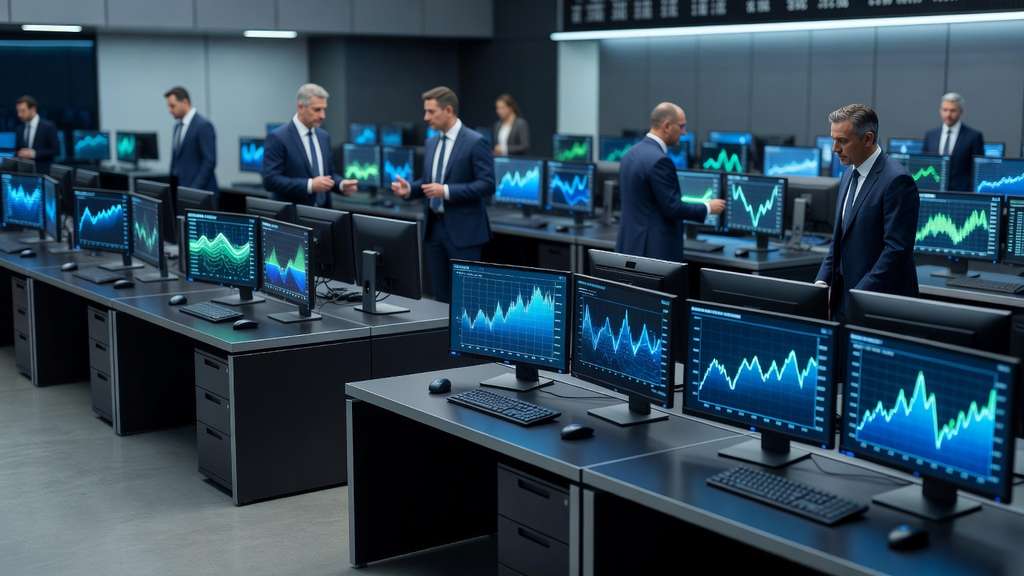 An institutional bank trading floor with rows of dark desks and glowing monitors displaying blue and green line charts, with out of focus analysts in business attire working in the background under cool ambient lighting.