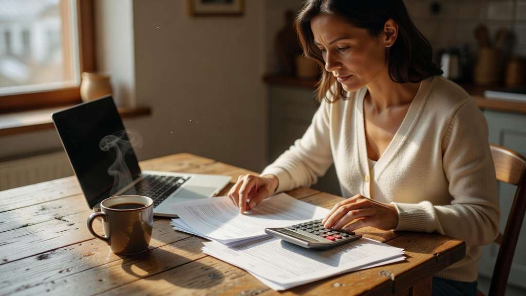 A woman seated at a kitchen table in warm morning light reviewing printed financial statements with a calculator, a cup of coffee and a partly open laptop beside her, lit by soft natural window light.