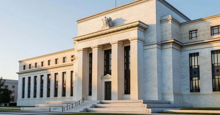 The white marble neoclassical Federal Reserve headquarters building in Washington DC photographed at sunrise, with tall columns, bronze doors and a wide stone staircase lit by low golden morning light against a pale blue sky