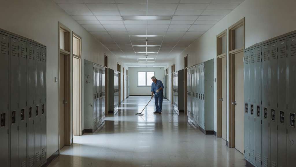 An empty corridor inside a large American public school during summer recess, lined with closed classroom doors and lockers, with a single custodian mopping the floor far down the hallway in soft daylight.