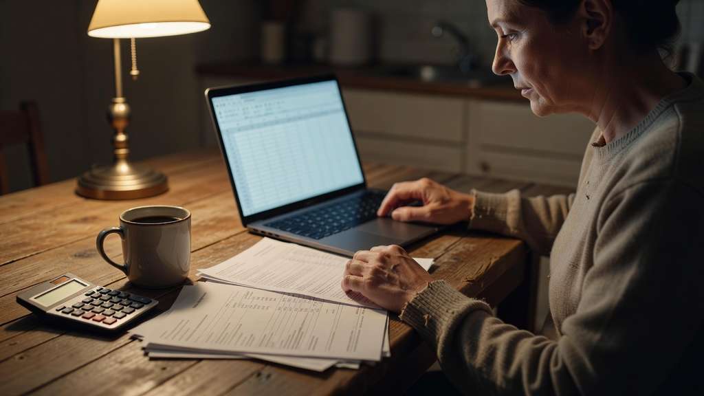 A person seated at a kitchen table in the evening under warm lamp light, reviewing a stack of credit card statements next to an open laptop, a calculator, and a coffee mug.