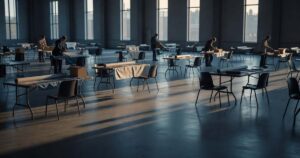 A nearly empty job fair hall late in the afternoon, with rows of folding tables, scattered empty chairs, and a few recruiters packing up banners as long shadows stretch across the concrete floor.