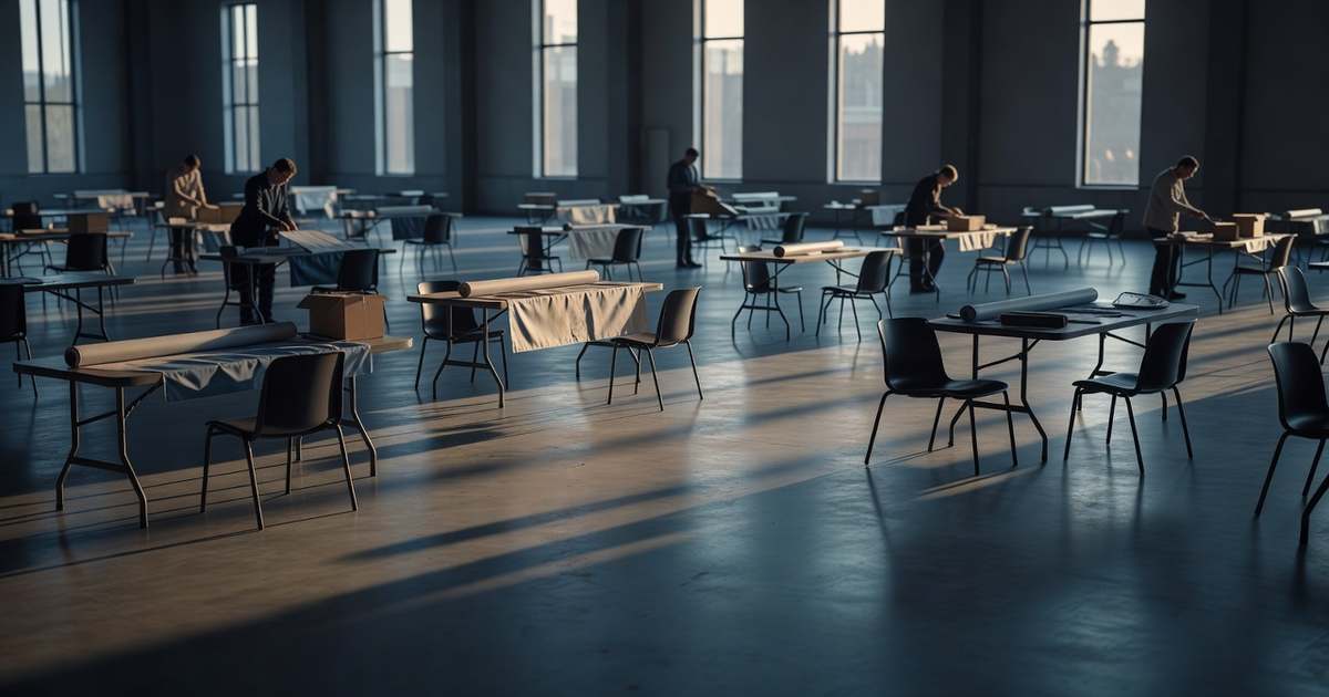 A nearly empty job fair hall late in the afternoon, with rows of folding tables, scattered empty chairs, and a few recruiters packing up banners as long shadows stretch across the concrete floor.
