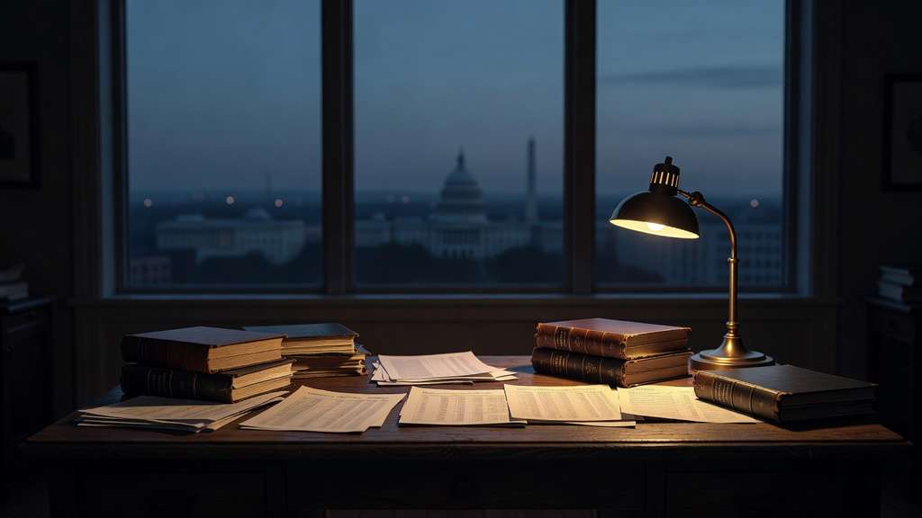 A federal accounting office at dusk with bound financial ledgers and printed spreadsheets stacked on a wooden desk beneath a brass lamp, a blurred Washington DC skyline visible through the window.