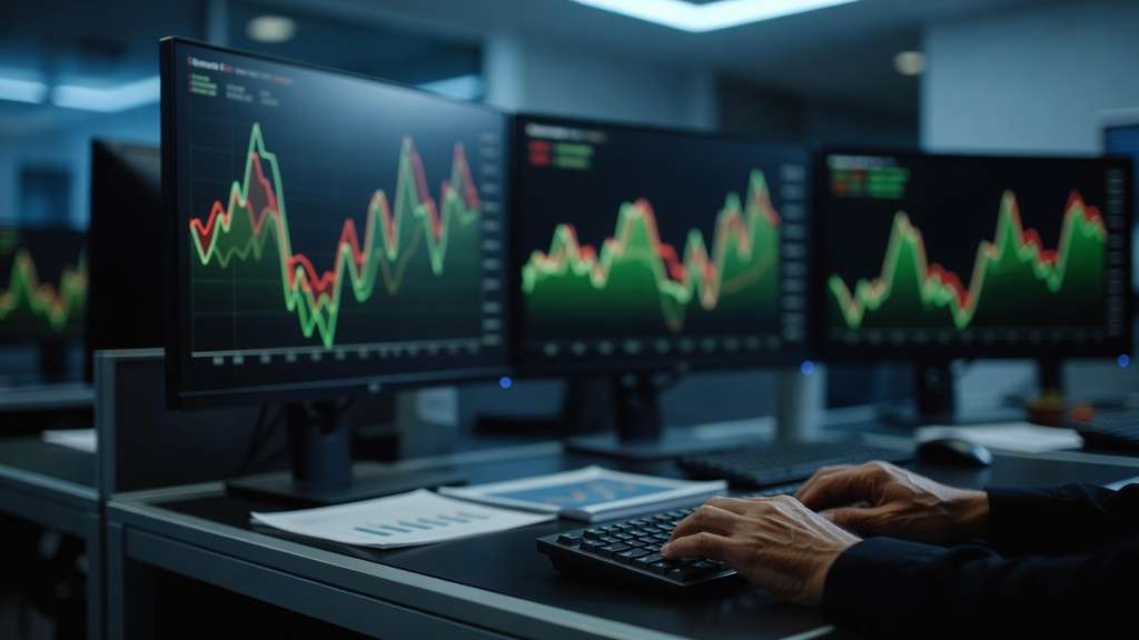 A government bond trading desk lit in cool blue, with a trader hands on a keyboard in the foreground and several out of focus monitors displaying green and red market charts behind.