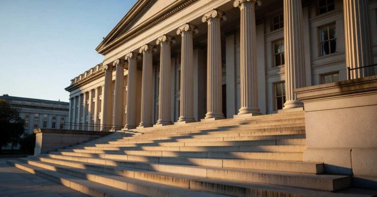 The neoclassical stone facade and columned portico of the United States Treasury Department building in Washington DC, photographed from the base of its wide granite steps in late afternoon golden light.