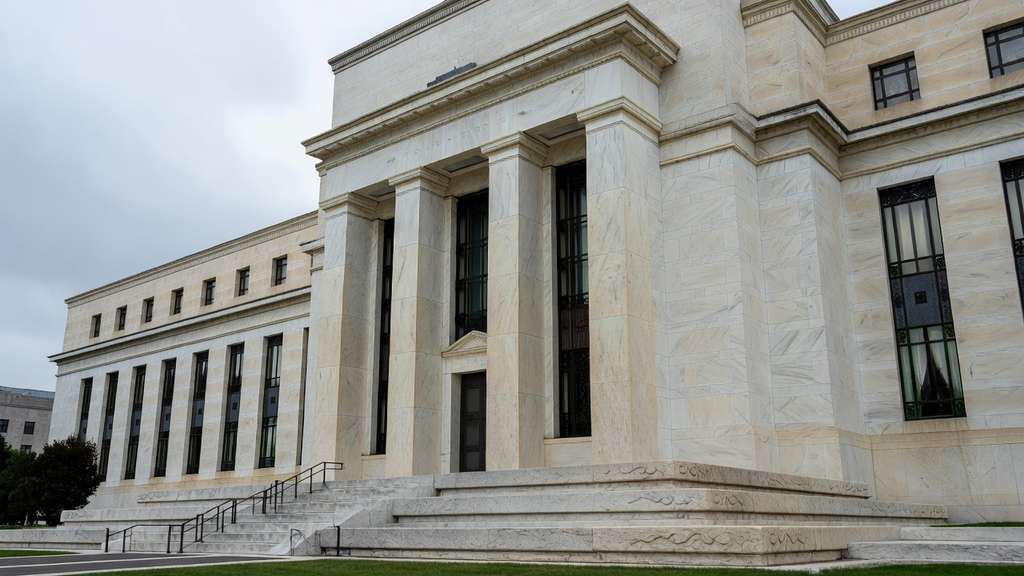 The limestone facade of a Federal Reserve bank building photographed from a low angle, with tall fluted columns and wide granite steps under a flat overcast sky.
