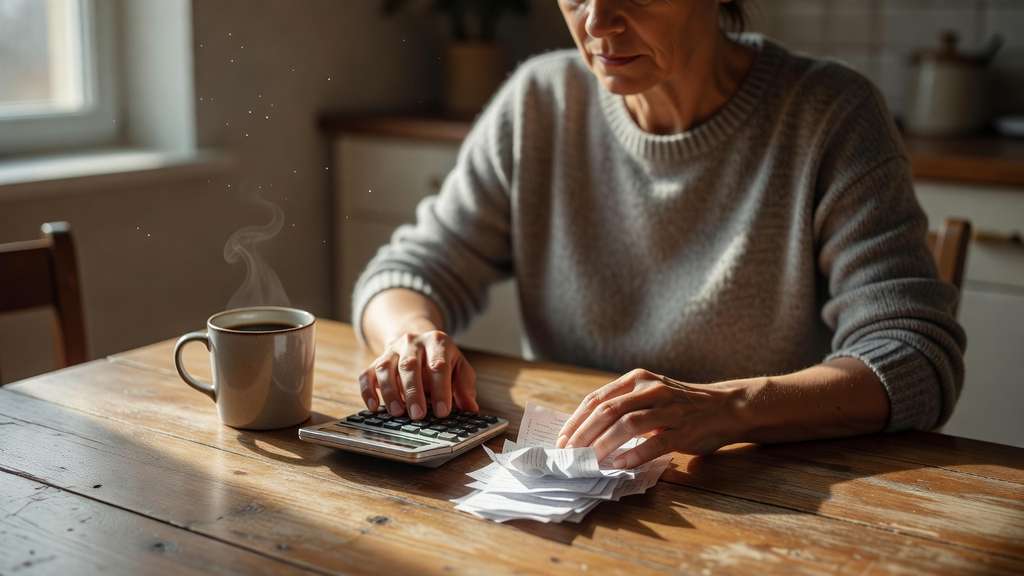 A person sits at a wooden kitchen table with a pocket calculator, a coffee mug and a small stack of paper receipts, working through a monthly household budget in warm morning light.