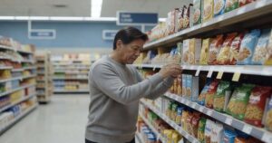 A shopper in a grey sweater reaches toward a shelf of packaged groceries in a brightly lit supermarket aisle, leaning in to read a small price label beneath the products.