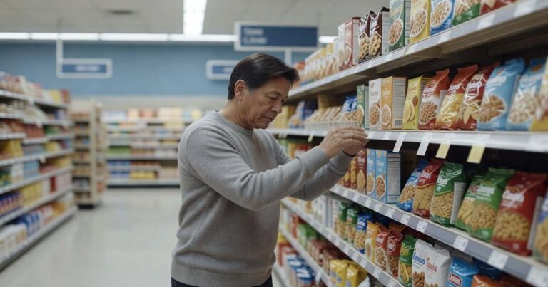 A shopper in a grey sweater reaches toward a shelf of packaged groceries in a brightly lit supermarket aisle, leaning in to read a small price label beneath the products.