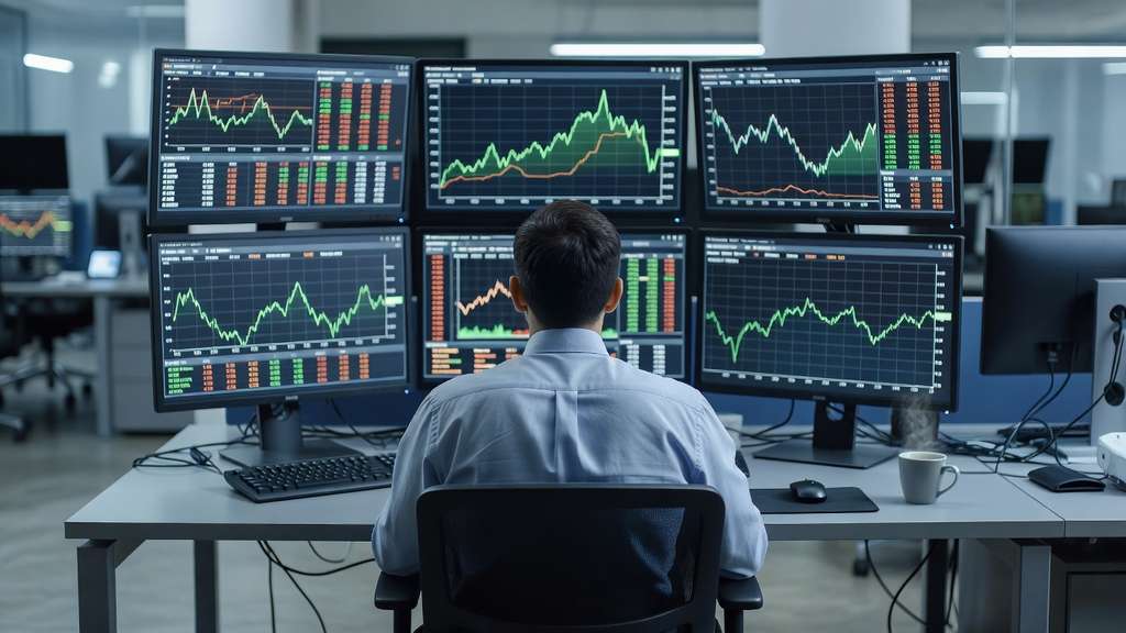 A bond trader in a light blue shirt seen from behind at a desk of six monitors showing green and amber price charts and grids of numbers in a modern trading floor.