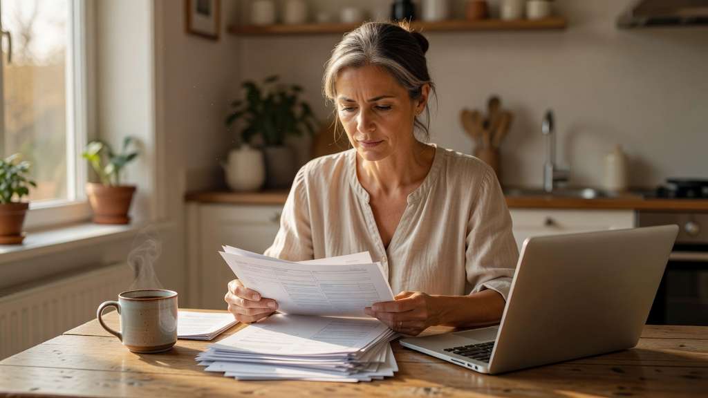 A woman sits at a sunlit wooden kitchen table reading a stack of paper household statements beside an open laptop and a ceramic coffee mug.