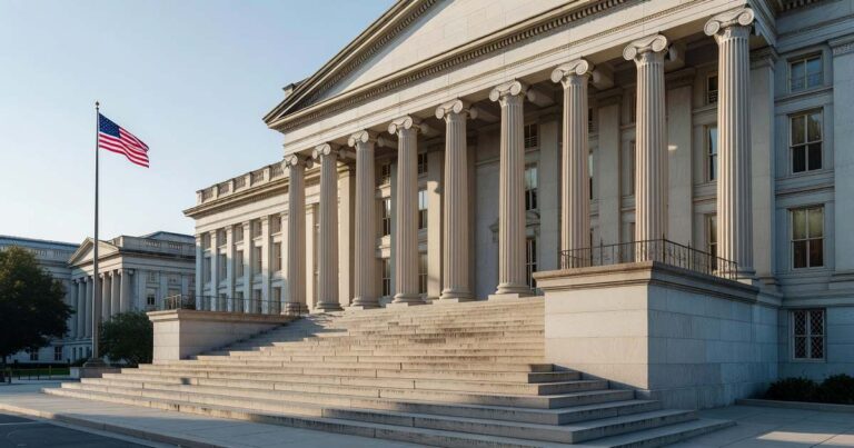 The neoclassical United States Treasury Building photographed from street level on a clear morning, with tall fluted columns, wide granite steps and an American flag flying on a pole at the left.