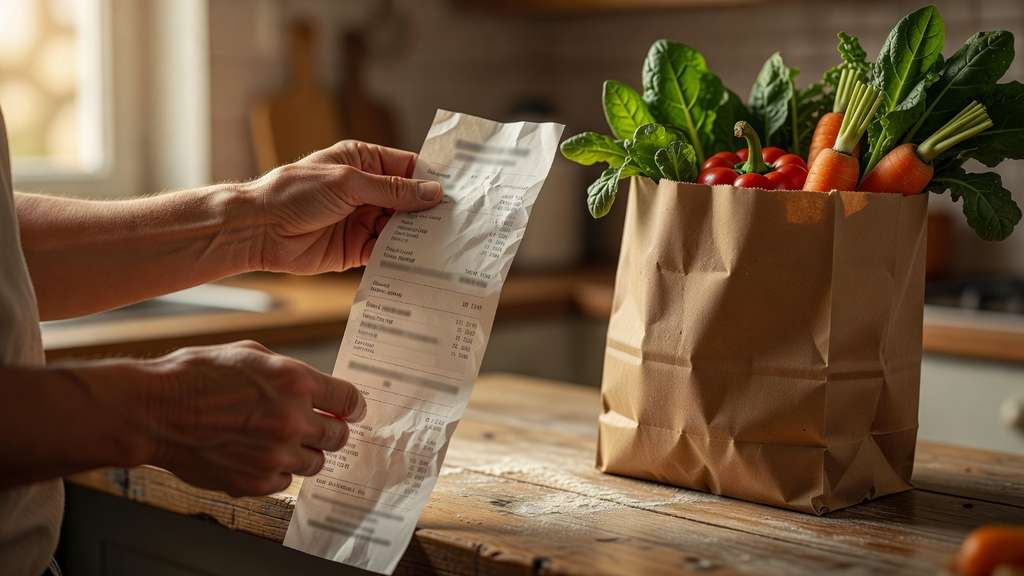 A pair of hands holds a long paper store receipt above a wooden kitchen counter next to a brown paper grocery bag filled with spinach, carrots and tomatoes, lit by soft morning light from a nearby window.