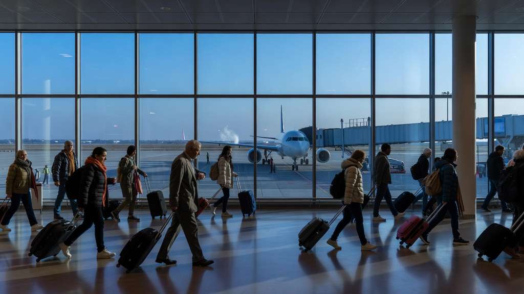 Travelers pulling rolling suitcases walk through an airport departure hall at dawn, silhouetted against floor to ceiling windows with a parked passenger jet and a jet bridge visible on the tarmac outside.
