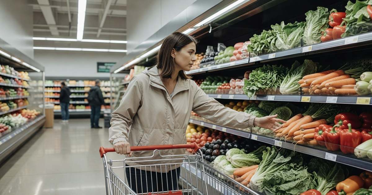 A shopper in a light jacket pushes a cart through the produce aisle of a brightly lit American supermarket, reaching toward carrots and peppers stacked on refrigerated shelves while two other customers browse in the background.