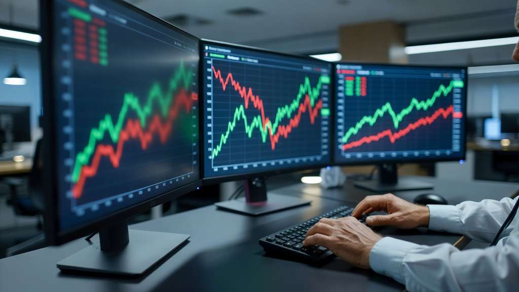 An institutional bond trading desk with three curved monitors showing out of focus yield curve charts glowing blue in a dim office as a trader works.
